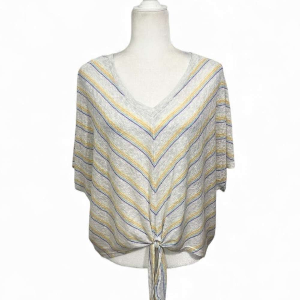 Democracy Tie Front V Neck Striped Knit Top Medium Casual Beach Dolman Sleeve